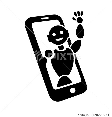 スマートフォンの画面から出てくる人工知能ロボットのシルエットイラスト　透過背景の切り抜き 120279241