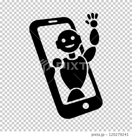 スマートフォンの画面から出てくる人工知能ロボットのシルエットイラスト　透過背景の切り抜き 120279241