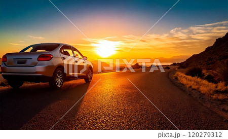 夕日 道と車 ドライブ AI生成素材 夕日 道と車 ドライブ AI生成素材 120279312