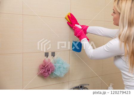 A Woman Engaged in the Task of Thoroughly Cleaning Bathroom Tiles Using Sponges and Gloves 120279423