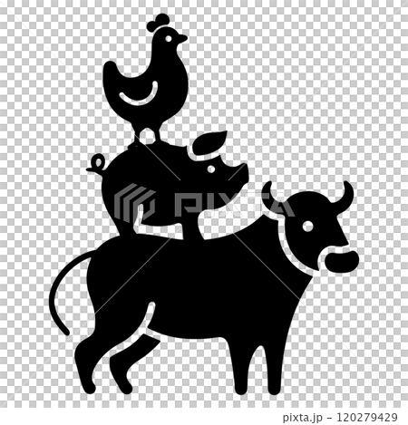 牛と豚と鶏のタワーのシルエットイラスト 食肉のコンセプト 透過背景の切り抜き 牛と豚と鶏のタワーのシルエットイラスト 食肉のコンセプト 透過背景の切り抜き 120279429