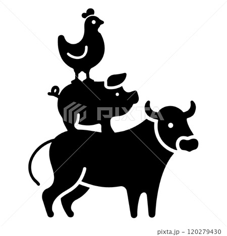 牛と豚と鶏のタワーのシルエットイラスト　食肉のコンセプト　透過背景の切り抜き 120279430