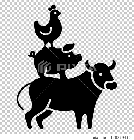 牛と豚と鶏のタワーのシルエットイラスト　食肉のコンセプト　透過背景の切り抜き 120279430