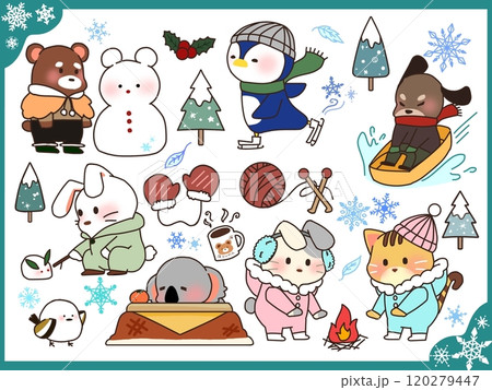 冬の動物と雪だるまセット 120279447