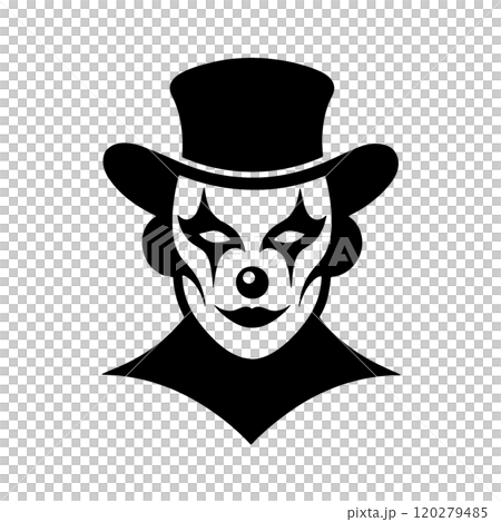 一個小丑的簡單剪影圖標，臉色恐怖，透明背景上有切口 120279485