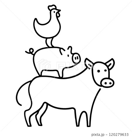 牛と豚と鶏のタワーの手描き線画イラスト 食肉のコンセプト 透過背景の切り抜き 牛と豚と鶏のタワーの手描き線画イラスト 食肉のコンセプト 透過背景の切り抜き 120279633