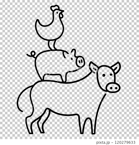 Hand-drawn line drawing illustration of a tower of cows, pigs and chickens. Meat concept. Cutout on transparent background Hand-drawn line drawing illustration of a tower of cows, pigs and chickens. Meat concept. Cutout on transparent background 120279633