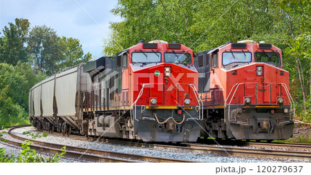 Two red locomotives are waiting for the semaphore signal 120279637