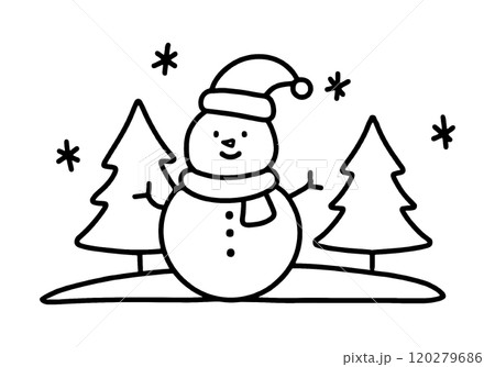 かわいい雪だるまと冬の風景の手描き線画イラスト　透過背景の切り抜き 120279686