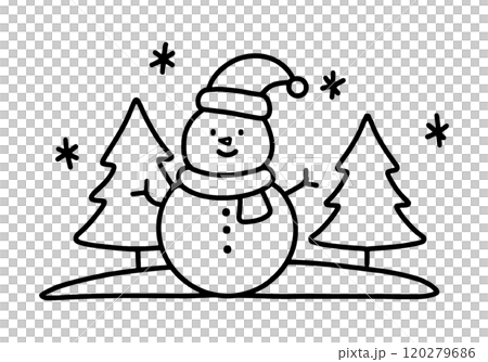 手繪線條圖畫可愛的雪人和冬季景觀，透明背景上的切口 120279686