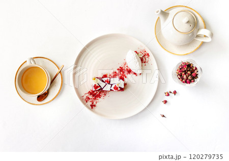 Sakura dessert with cherry marshmallow, white chocolate and ice cream 120279735