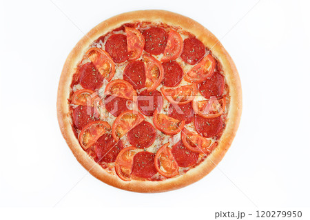 Italian pepperoni pizza with jalapenos on a white background of isolate Italian pepperoni pizza with jalapenos on a white background of isolate 120279950