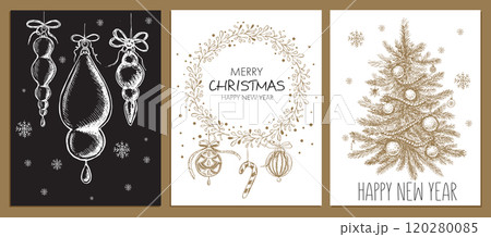 Christmas cookie, tree, ball, star, set on white, Hand drawn illustration	 120280085