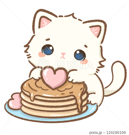 Cat pancakes Hand drawn illustration Valentines day style white kawaii cat kitty kitten pastel color isolated on transparent background, perfect for valentines day gifts, nursery decorations Cat pancakes Hand drawn illustration Valentines day style white kawaii cat kitty kitten pastel color isolated on transparent background, perfect for valentines day gifts, nursery decorations 120280109