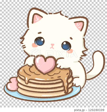 Cat pancakes Hand drawn illustration Valentines day style white kawaii cat kitty kitten pastel color isolated on transparent background, perfect for valentines day gifts, nursery decorations Cat pancakes Hand drawn illustration Valentines day style white kawaii cat kitty kitten pastel color isolated on transparent background, perfect for valentines day gifts, nursery decorations 120280109