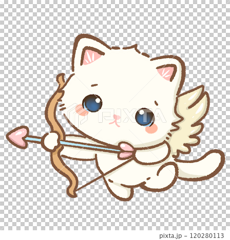 cat as cupid love arrow Handdrawn illustration Valentines day style white kawaii cat kitty kitten pastel color isolated on transparent background, perfect for valentines day gifts, nursery decorations 120280113