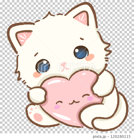 Cat holds a heart Hand drawn illustration Valentines day style white kawaii cat kitty kitten pastel color isolated on transparent background, perfect for valentines day gifts, nursery decorations 120280115