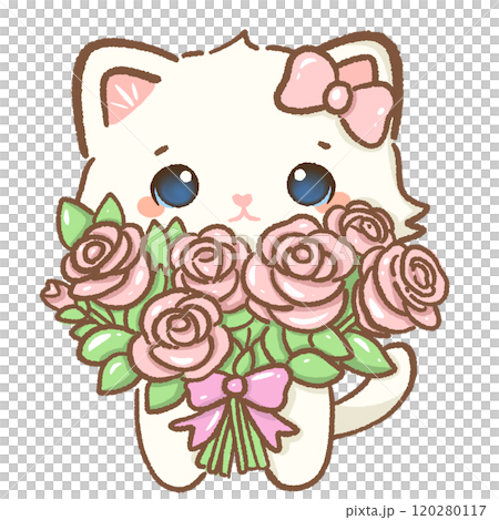 Cat holding a bouquet Hand drawn illustration Valentines day style white kawaii cat kitty kitten pastel color isolated on transparent background, perfect for valentines day gifts, nursery decorations Cat holding a bouquet Hand drawn illustration Valentines day style white kawaii cat kitty kitten pastel color isolated on transparent background, perfect for valentines day gifts, nursery decorations 120280117