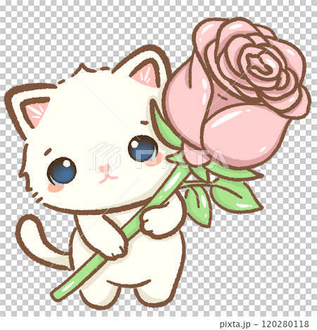 cat holding a rose Hand drawn illustration Valentines day style white kawaii cat kitty kitten pastel color isolated on transparent background, perfect for valentines day gifts, nursery decorations 120280118