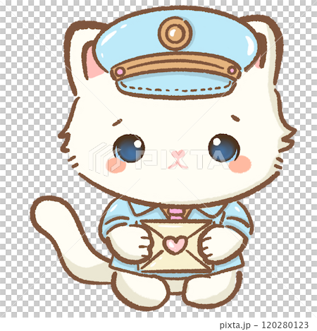 Post man cat Hand drawn illustration Valentines day style white kawaii cat kitty kitten pastel color isolated on transparent background, perfect for valentines day gifts, nursery decorations 120280123