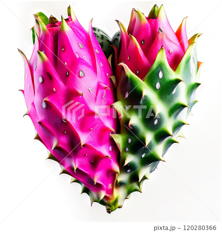 Dragon fruits bright pink exterior with green scales white interior with black seeds gently arranged 120280366