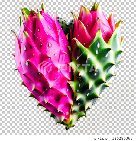 Dragon fruits bright pink exterior with green scales white interior with black seeds gently arranged 120280366