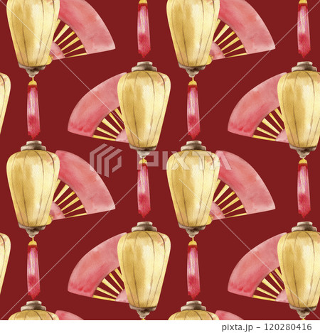 Chinese spring festive lights with red fan seamless pattern on red . Watercolor winter seasonal background with Asain traditional symbols for gift new year packing,wallpaper, web graphics design 120280416
