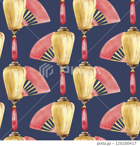 Chinese spring festive lights with red fan seamless pattern on dark blue. Watercolor winter seasonal background with Asain traditional symbols for gift packing,new year textile,apparel, wrap design Chinese spring festive lights with red fan seamless pattern on dark blue. Watercolor winter seasonal background with Asain traditional symbols for gift packing,new year textile,apparel, wrap design 120280417