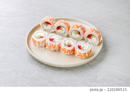 Japanese Sushi Rolls Philadelphia Uramaki Plate on Gray Background for Restaurant Menu or Food Delivery 120280515