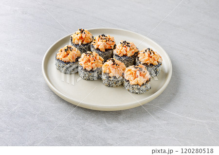 Japanese Sushi Rolls Philadelphia Uramaki Plate on Gray Background for Restaurant Menu or Food Delivery 120280518
