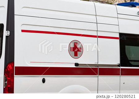 Ambulance at the entrance of the house Ambulance at the entrance of the house 120280521