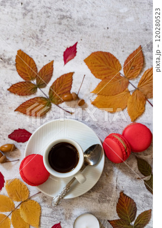 Festive autumn decor from pumpkins, berries and leaves on a white wooden background. Concept of Thanksgiving day or Halloween. Flat lay autumn composition with copy space. 120280523