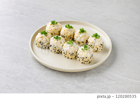 Japanese Sushi Rolls Philadelphia Uramaki Plate on Gray Background for Restaurant Menu or Food Delivery Japanese Sushi Rolls Philadelphia Uramaki Plate on Gray Background for Restaurant Menu or Food Delivery 120280535