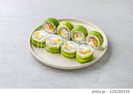 Japanese Sushi Rolls Philadelphia Uramaki Plate on Gray Background for Restaurant Menu or Food Delivery Japanese Sushi Rolls Philadelphia Uramaki Plate on Gray Background for Restaurant Menu or Food Delivery 120280536