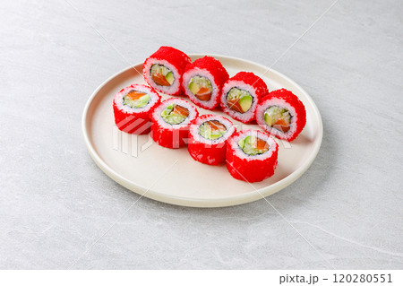 Japanese Sushi Rolls Philadelphia Uramaki Plate on Gray Background for Restaurant Menu or Food Delivery Japanese Sushi Rolls Philadelphia Uramaki Plate on Gray Background for Restaurant Menu or Food Delivery 120280551