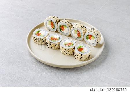 Japanese Sushi Rolls Philadelphia Uramaki Plate on Gray Background for Restaurant Menu or Food Delivery 120280553