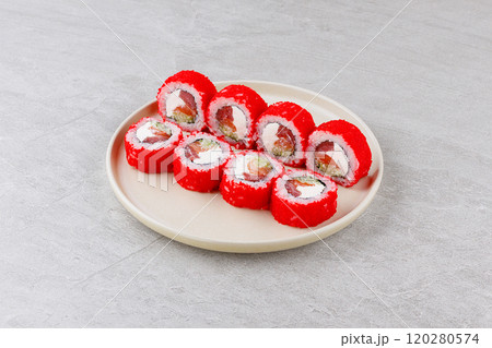 Japanese Sushi Rolls Philadelphia Uramaki Plate on Gray Background for Restaurant Menu or Food Delivery Japanese Sushi Rolls Philadelphia Uramaki Plate on Gray Background for Restaurant Menu or Food Delivery 120280574
