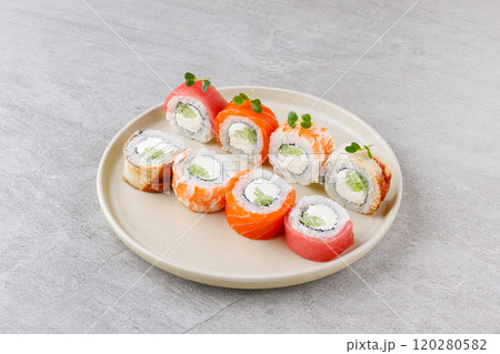 Japanese Sushi Rolls Philadelphia Uramaki Plate on Gray Background for Restaurant Menu or Food Delivery 120280582