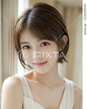 家で優しく微笑むショートヘアの女性 120280583