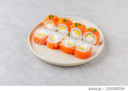 Japanese Sushi Rolls Philadelphia Uramaki Plate on Gray Background for Restaurant Menu or Food Delivery Japanese Sushi Rolls Philadelphia Uramaki Plate on Gray Background for Restaurant Menu or Food Delivery 120280584