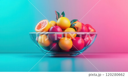 A vibrant glass bowl filled with colorful citrus fruits, set against a striking neon gradient background. 120280662