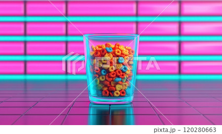 Colorful cereal pieces in a clear glass with a neon pink and teal background, creating a bold, vibrant look. 120280663