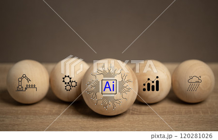 AI concept layout. AI icon in a wooden ball on a table. Applications in various fields such as education, weather forecasting, manufacturing industry, business computing. AI concept layout. AI icon in a wooden ball on a table. Applications in various fields such as education, weather forecasting, manufacturing industry, business computing. 120281026