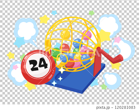 かわいいビンゴゲームの本体からボールが飛び出すイラスト 120281083