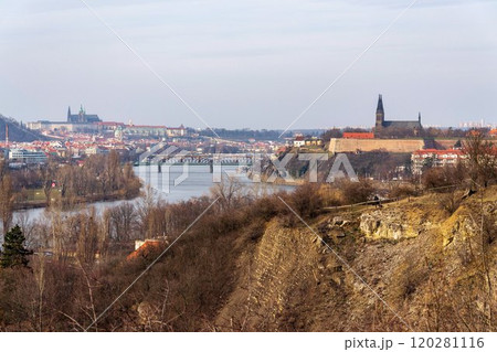 Panoramic view of Hradcany castle and historic fort Vysehrad with Basilica of St. Peter and St. Paul, Vysehrad railway bridge, Prague, Czech Republic Panoramic view of Hradcany castle and historic fort Vysehrad with Basilica of St. Peter and St. Paul, Vysehrad railway bridge, Prague, Czech Republic 120281116
