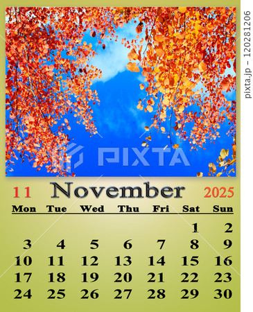 calendar for November 2025 with the yellow leaves on blue sky background. Monthly planner. November calendar for 2025. Daily organizer. calendar for November 2025 with the yellow leaves on blue sky background. Monthly planner. November calendar for 2025. Daily organizer. 120281206