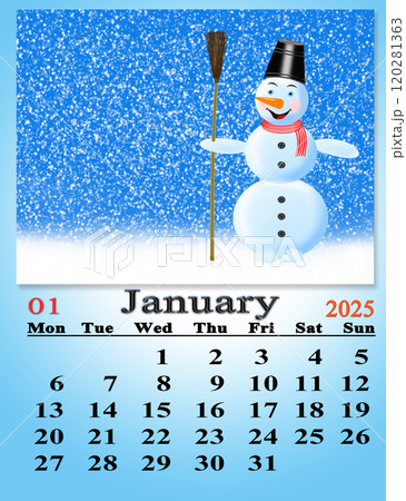 calendar for January 2025 with image of fabulous snowman. January calendar calendar for January 2025 with image of fabulous snowman. January calendar 120281363