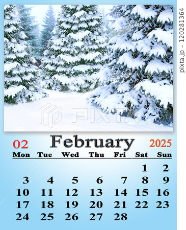calendar for February 2025 with image of fabulous forest. February calendar calendar for February 2025 with image of fabulous forest. February calendar 120281364