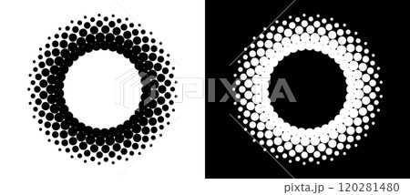 Art sun background. Tattoo template or logo with halftone dotted lines. Black shape on a white background and the same white shape on the black side. Art sun background. Tattoo template or logo with halftone dotted lines. Black shape on a white background and the same white shape on the black side. 120281480