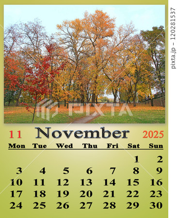 October 2025 calendar with image of trees with yellow leaves 120281537
